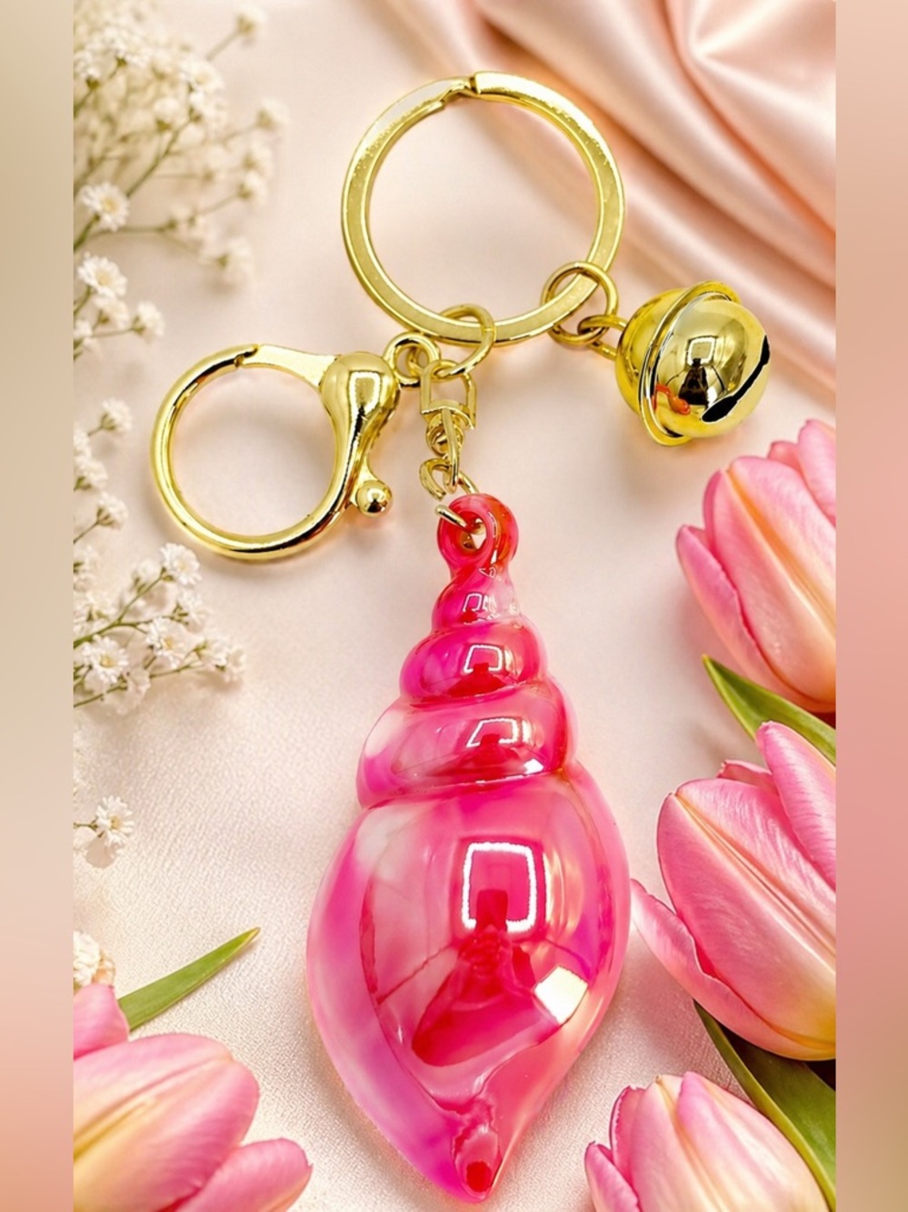 Pink Shell Keychain Bag Charm Gold Keyring Cute Aesthetic Bell Charm Accessory